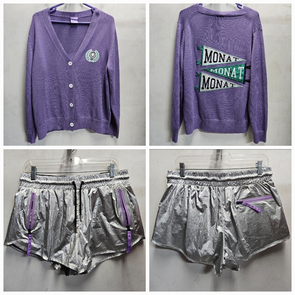 MONAT Dream Bigger Cardigan & Athletic Running Shorts Purple Silver Womens M/L